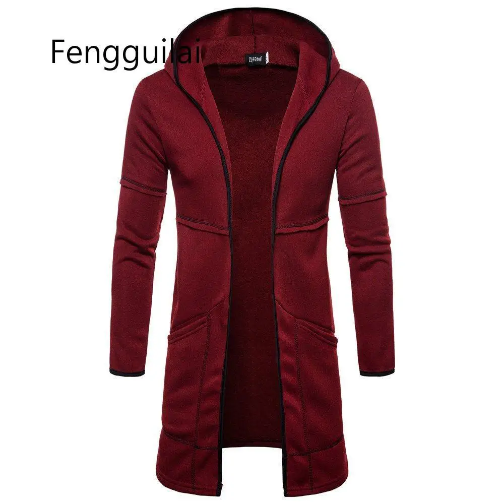 FENGGUILAI Men's Sweater Long Large Pocket Hooded Cardigan Fashion Windproof Casual Europe Size Top Coat Black Gray Nvay Blue