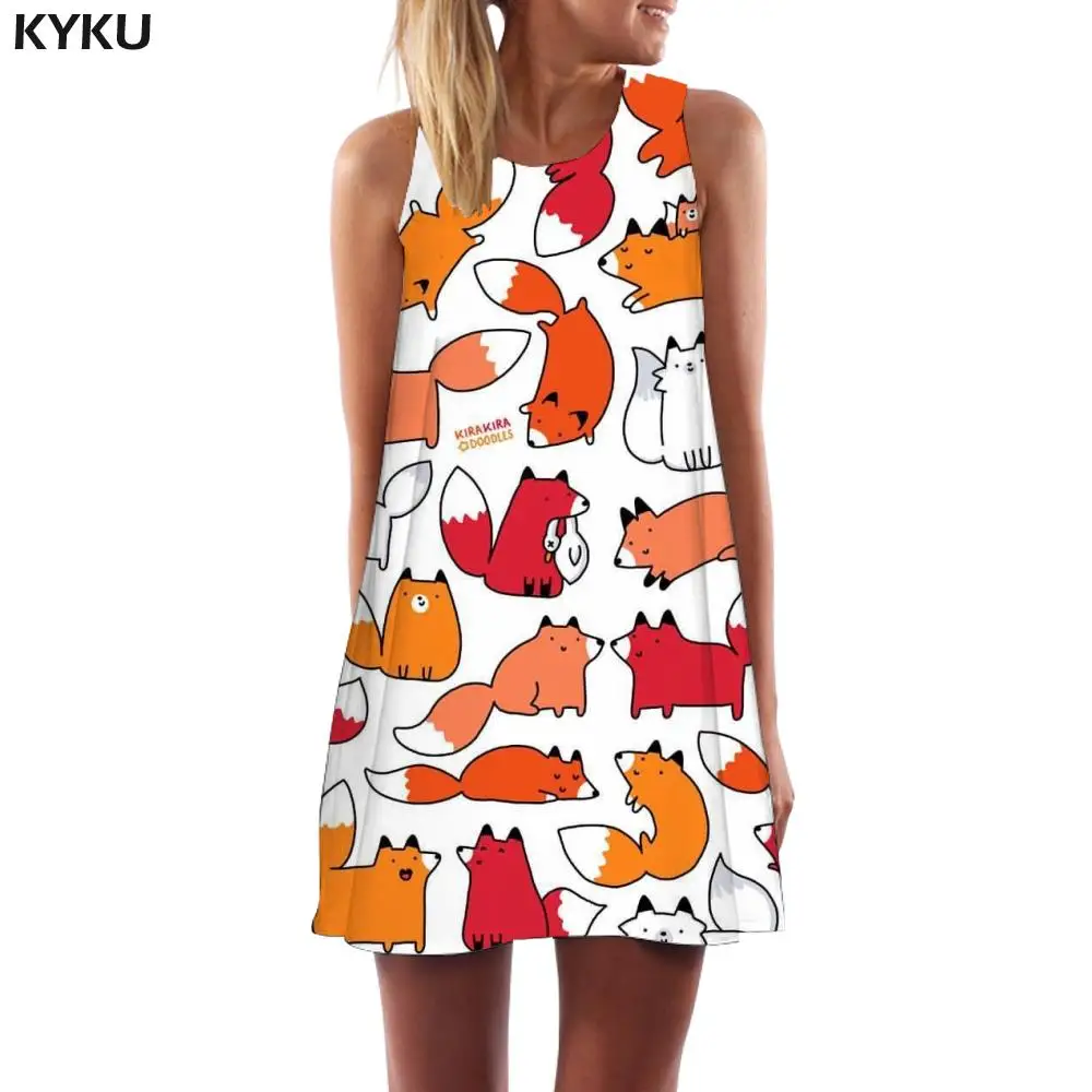 

KYKU Brand Fox Dress Women Animal 3d Print Harajuku Office Lovely Short Womens Clothing Vintage Ladies Large Sizes High Quality