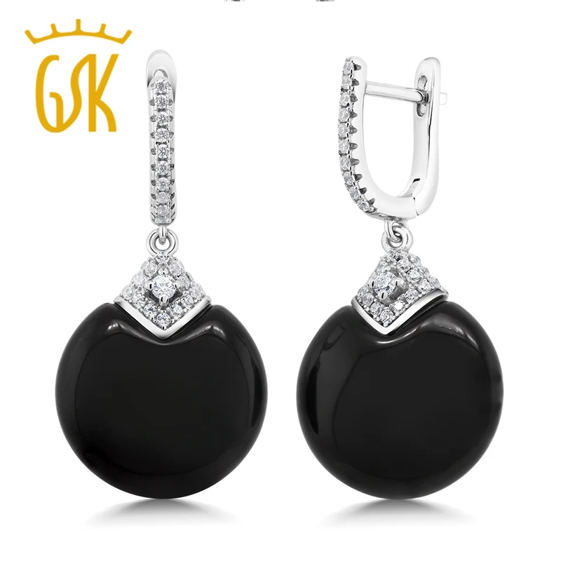 GemStoneKing круглый натуральный черный оникс 925 пробы серебряные женские серьги с белым кубическим цирконием CZ акценты