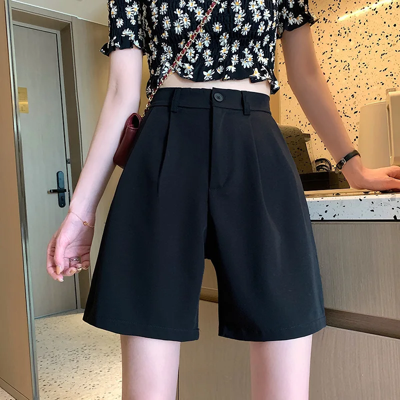 

Shorts Women Summer Button Knee-length Black Wide-leg Loose Drape Korean-style Casual Womens Office BF Streetwear Fashion Simple