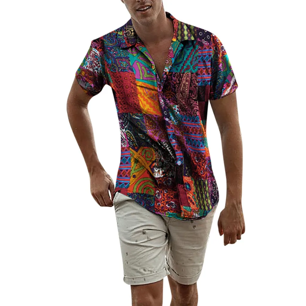 

Hawaii Shirt Men Short Sleeve Printing Ethnic Design Loose Comfortable Clothing Party Breathable Vintage Casual Shirt Men S0322