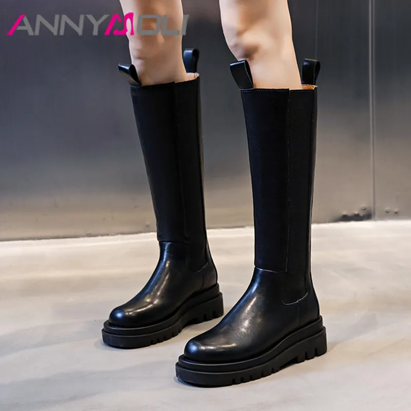 

Женские ботинки-Челси ANNYMOLI, черные высокие сапоги на плоской платформе, с круглым носком, большого размера 40, для осени