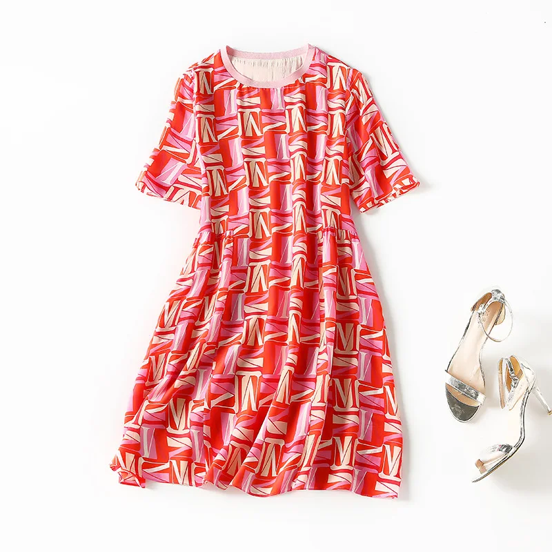 

73181 Summer New Fashion Letter Printing Loose and Thin Young Small Silk Dress