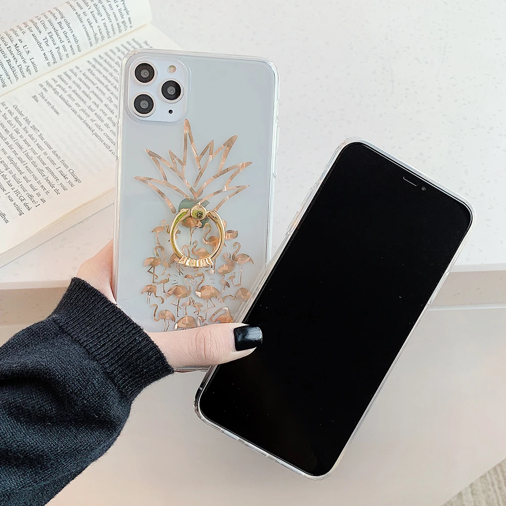 Прозрачный чехол с кольцом подставкой и золотым ананасом для iPhone 12 11 Pro Max Mini XR X XS 7