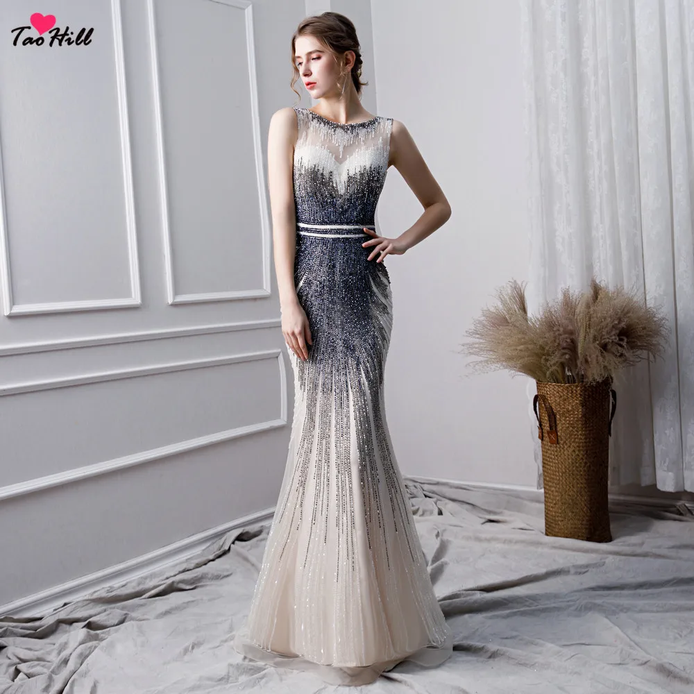 Длинное вечернее платье TaoHill без рукавов с глубоким круглым вырезом тяжелыми