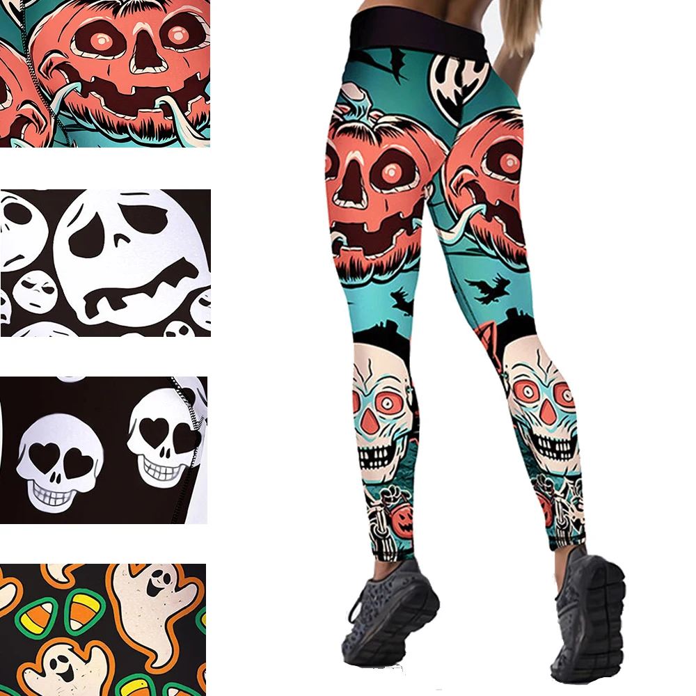 

Брюки для йоги с принтом черепа тыквы на Хэллоуин, женская одежда для тренажерного зала, леггинсы для фитнеса с высокой талией для тренирово...