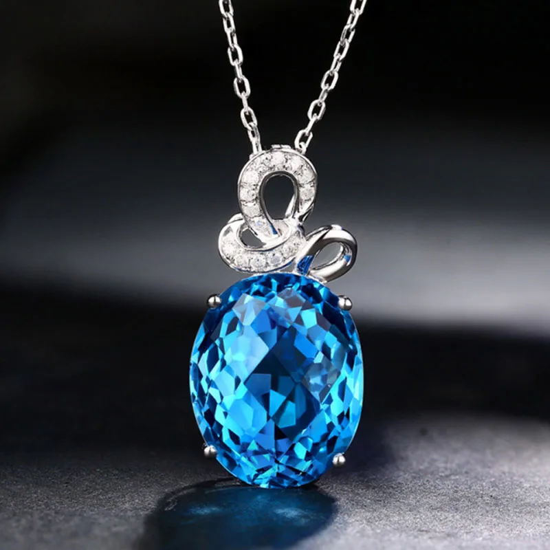 

2021 Silver New Fashion Temperament Imitation Natural Blue Topaz Color Treasure Pendant Oval Aquamarine Necklace Women Jewelry