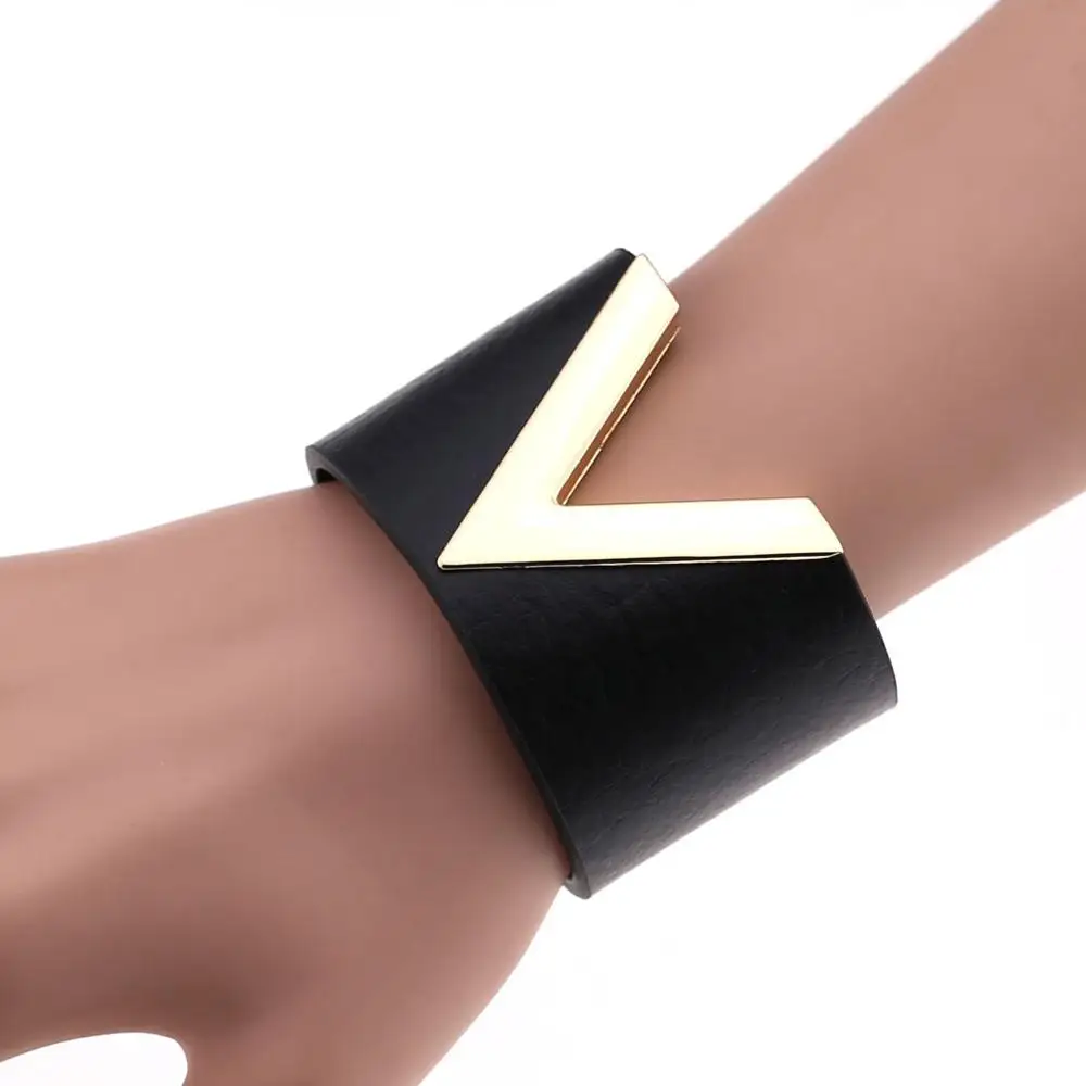 

PU Leather Hot Punk Harajuku black wristband bar Punk Goth V shape Bracelet 2 rows can be adjusted Jewelry accessories gifts