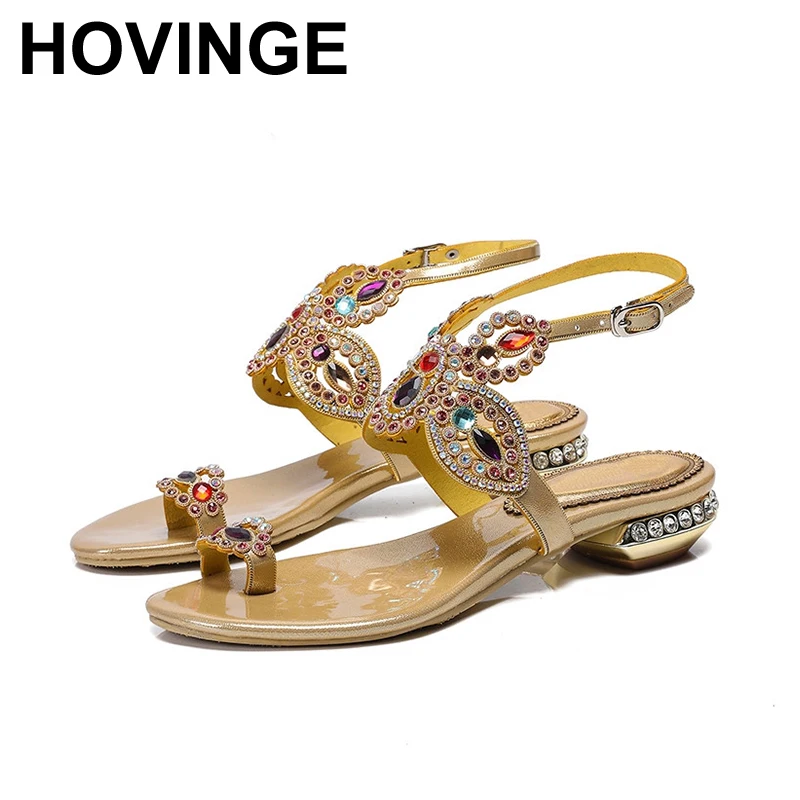HOVINGE летние с открытым носом и застежкой ремешком стразы плоским каблуком Модные