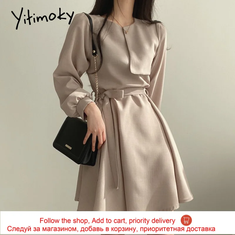 

Yitimoky Bandage Dresses Women Pink Long Puff Sleeve Mini Dress Lace Up O-Neck A-line Club Spring 2021 Casual New Fashion