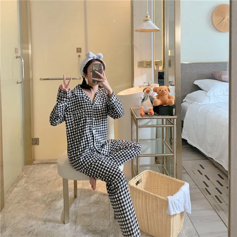 Женские пижамные комплекты в клетку пижама с длинными рукавами Женский отложным
