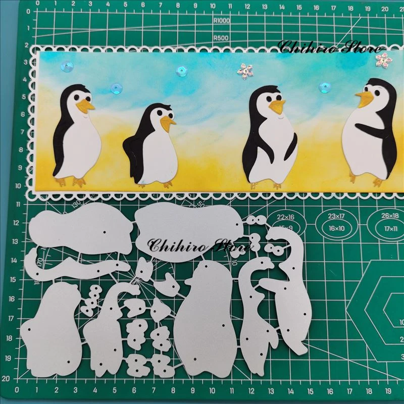 Поздравительная открытка с пингвином украшающая металлические штампы трафареты