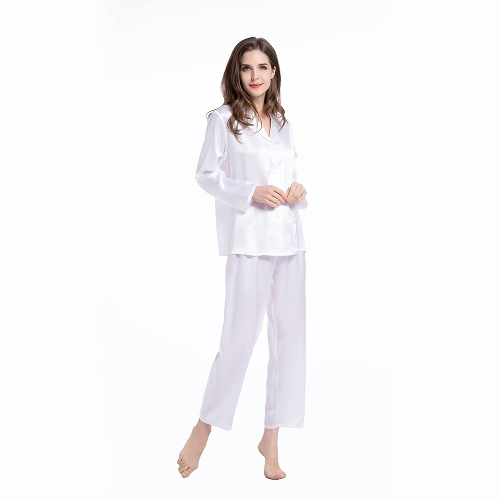 Women’s Clothing Mulberry Silk Pajama Set Long Full Length Ladies 19 Momme 100% Real Silk 2pc Pajama Set With Button Front