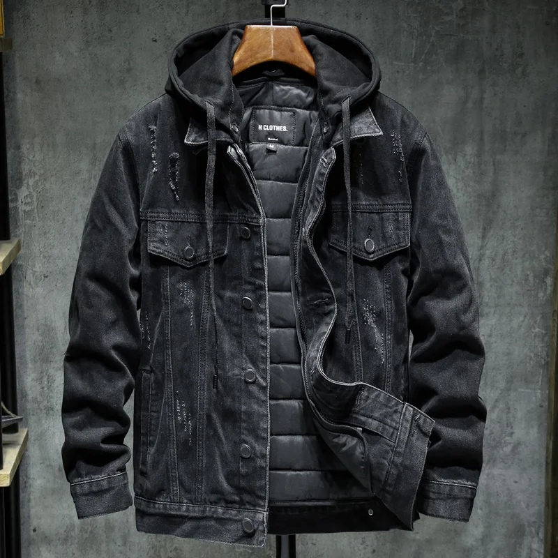 

Liner Thicker Winter Black Hooded Denim Jacket Outerwear Warm Men Lining Plus Cotton Thick Cowboy Jacket Coat Large Size 5xl