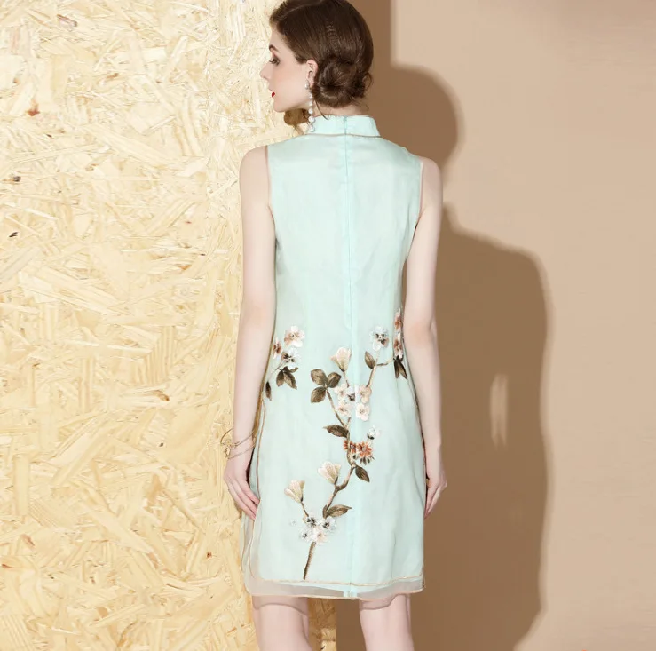 

silk dresses women natural 2020 spring summer blue floral embroidery qipao office casual sexy beach party dress plus size