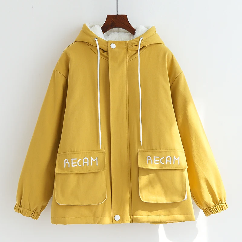 Only Plus Women Winter Thick Coats Warm Fashion Loose Hooded Zipper Jackets Yellow Outwear Cotton Padded Coat | Женская одежда