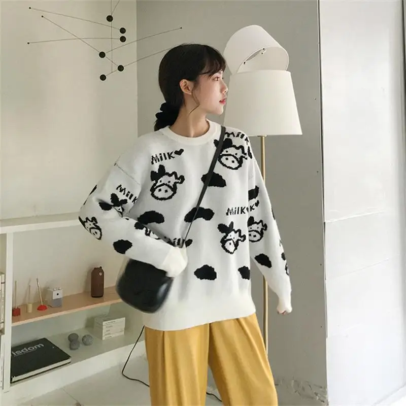 Vintage Casual Loose Cow Sweater Women's Sweaters Japanese Kawaii Ulzzang Female Korean Harajuku Clothing For Women | Женская одежда
