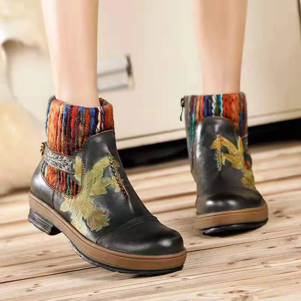 Retro Women's Embroidery Style Ankle Boots Round Toe Shoes Ladies Side Zipper Floral Short Woman Square Med-Heeled Bootie | Обувь