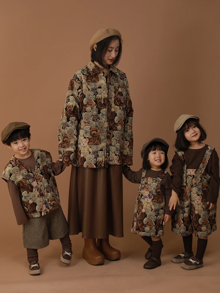 Children's Cartoon Bear Jacquard Girl Dress Retro Shirt Baby Parent-child Outfit Jacket Casual Vest | Мать и ребенок