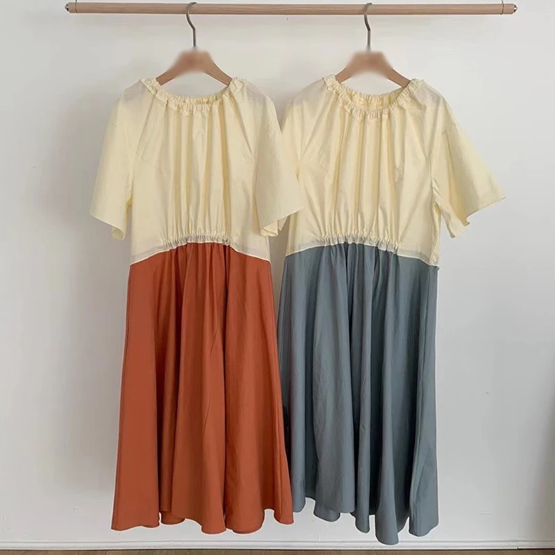 

GALCAUR Casual Patchwork Dress For Women O Neck Short Sleeve Pullover Hit Color Ruched Mid Dresses Females Clothing 2021 Summer