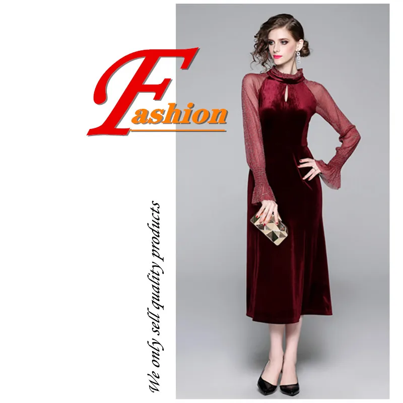 

2020 Spring and autumn women mandarin collar temperament slimming fishtail mesh hollow-out dress women patchwork velvet dress
