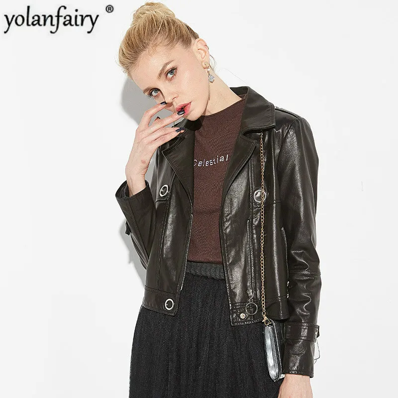 Модная женская короткая кожаная куртка из натуральной кожи мотоциклетная