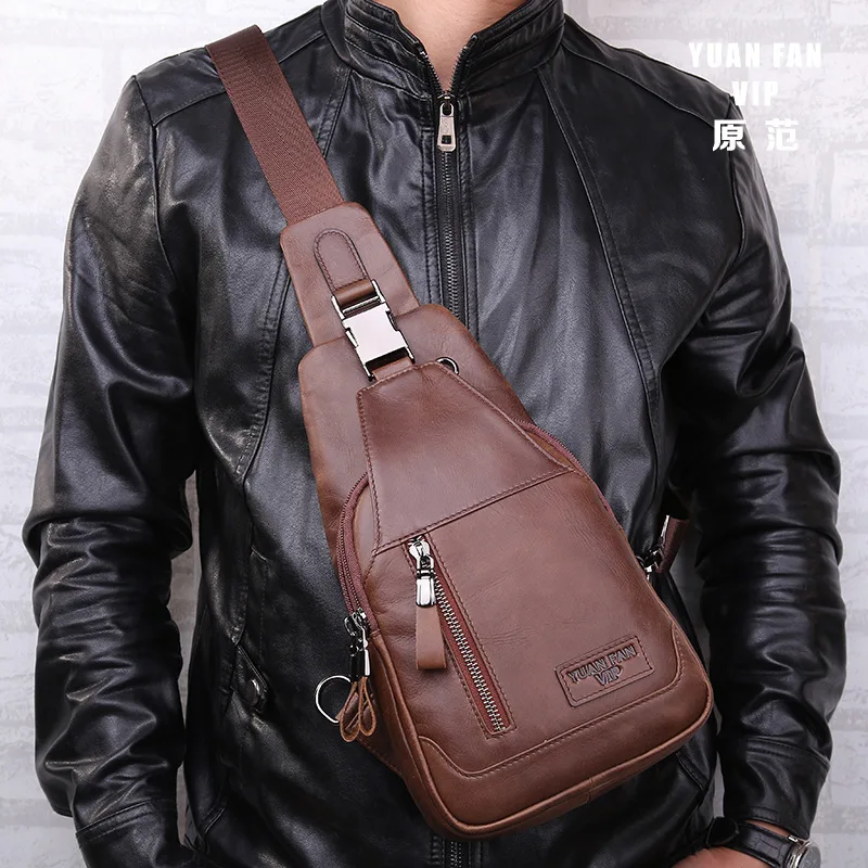 Genuine Leather Casual Men's Sling Chest Pack Crossbody Shoulder Bag Men Messenger Bags For Travel Zipper Style Design |