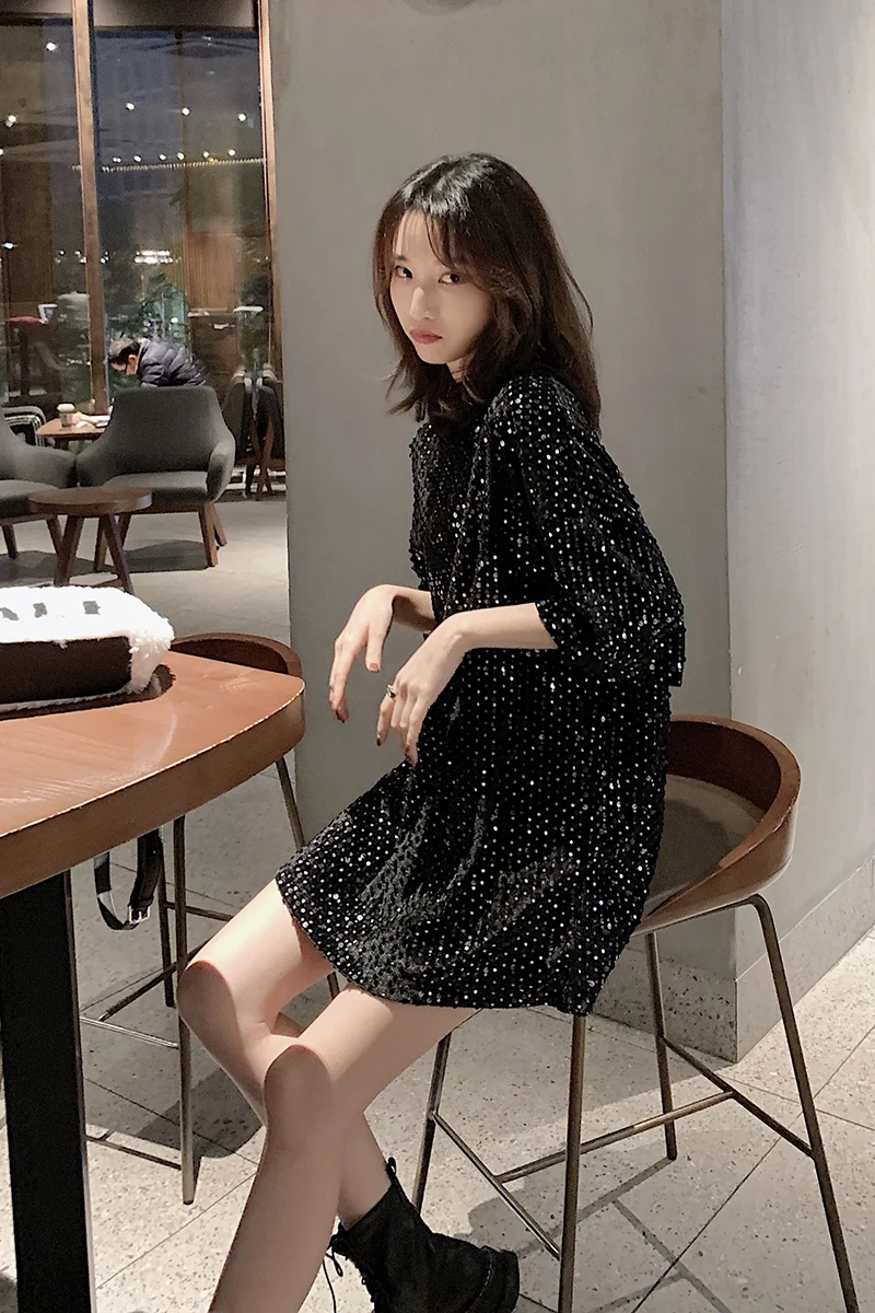 

Heavy industry Sequin loose T-shirt women's mid long 2021 early spring new shiny Short Sleeve Dress