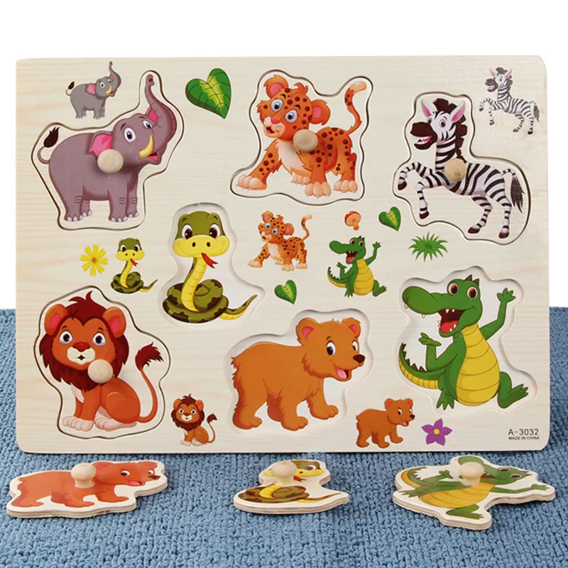 

Montessori Wooden Puzzles Hand Grab Boards Toy Tangram Jigsaw Baby Educational Toys Cartoon Vehicle Animals Fruits 3D Puzzle ZLL