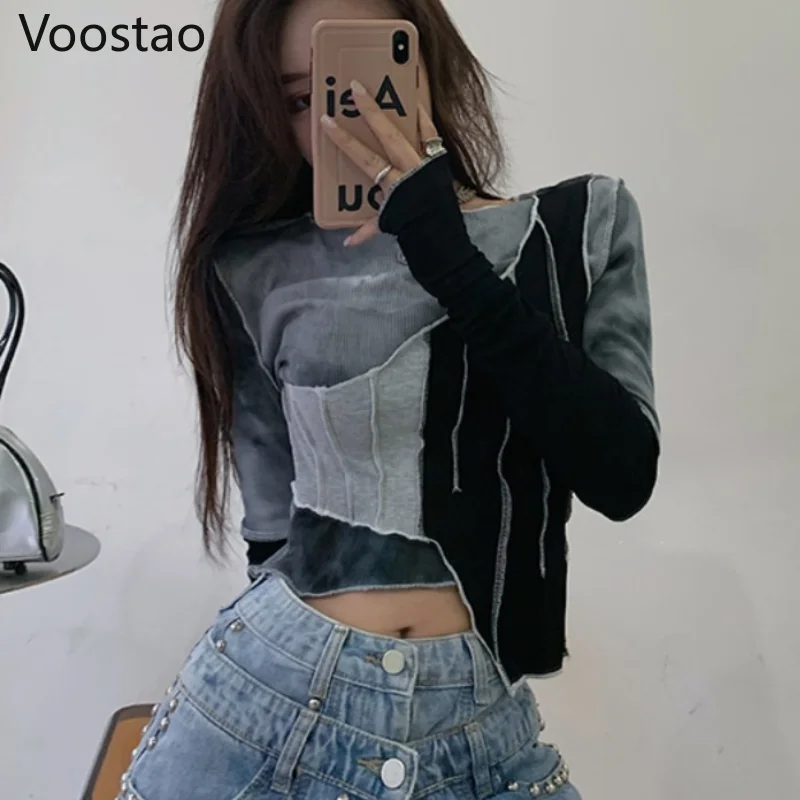 

Gothic Irregular Sexy T-shirt Spring Summer Women Streetwear Patchwork Crop Tops Tee Autumn Female Korean Chic Long Sleeve Tops