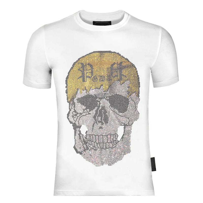 

2021 men's Shirt Short Sleeve PP skull head color hot drill fashion trend short sleeve men's T-shirt pure cotton top pied plein