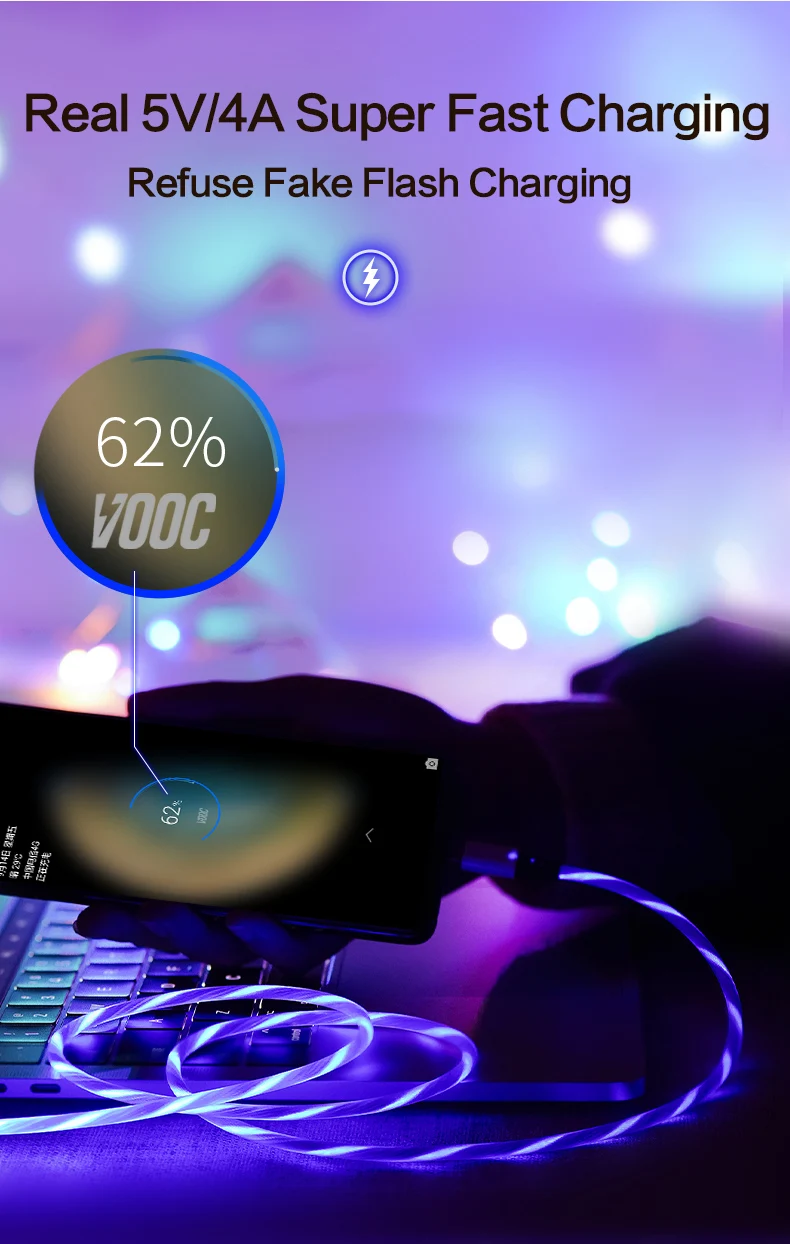 Power4 светильник Micro USB кабель для huawei Xiaomi Nokia samsung 4A 1 м Быстрый usb кабель для зарядки OPPO VIVO светящийся USB кабель