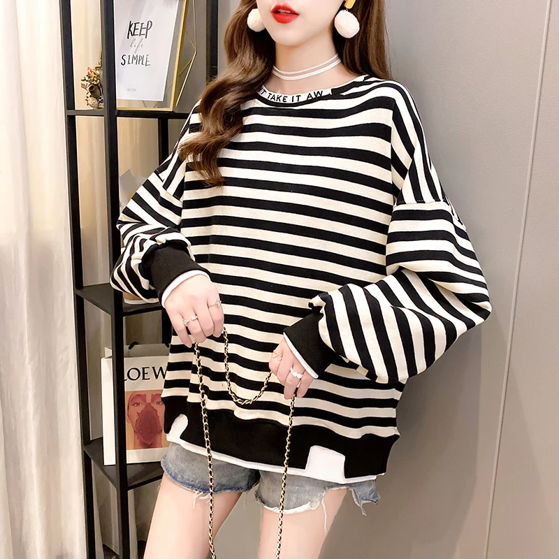 

Women hoodies Autumn O-Neck Pullovers Korean Clothes Striped cotton thin Sweatshirt casual Oversized Harajuku pink black hoodie