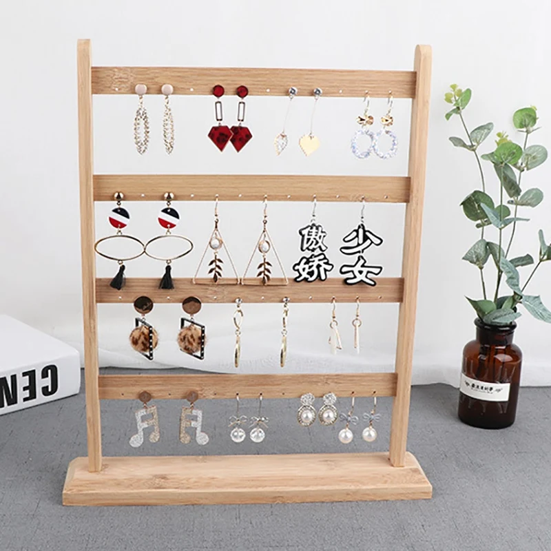 

48 Hole Wooden Jewelry Organizer Rack Earrings Holder Necklace Bracelet Stand Rotating Earring Display Storage