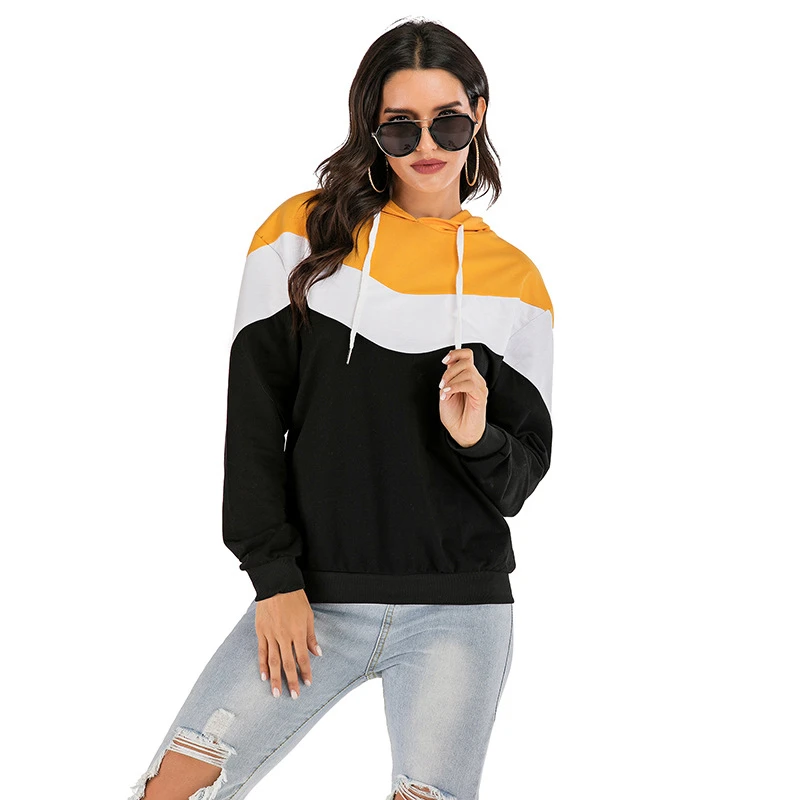 Black White Yellow Patchwork Colors Women's Hoodies Autumn Winter Casual Long Sleeve Hooded Sweatshirt For Woman Pullover Tops | Женская
