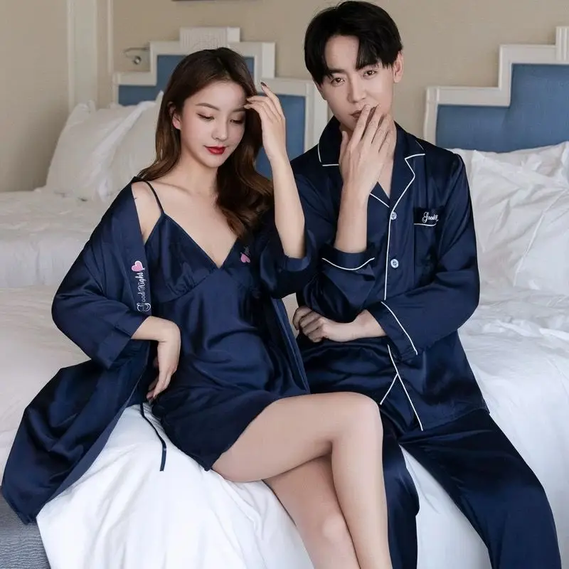 Autumn Men Pajamas Long Sleeve Home Male Pajama Set Ice Silk Loose Lover Couples Pajamas Homewear Men Soft Casual Suit Sleepwear