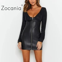 y2k bodycon dress slim robes female clothing vestido de mujer v neck zipper sexy dress long sleeve tunics leather pu black dress