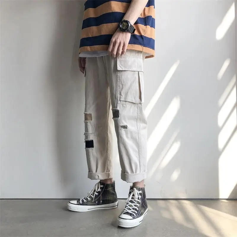 Брюки карго мужские с карманами шаровары в стиле хип хоп вышивкой надписи