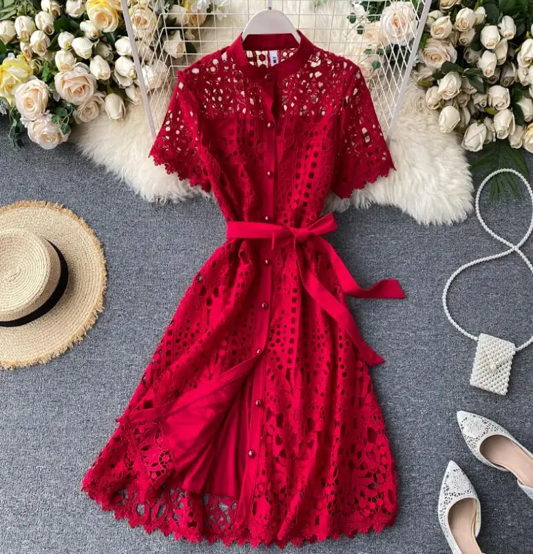 

Summer women's runway fashion vintage hollow out lace dress female fashion chic slim summer dress TB179
