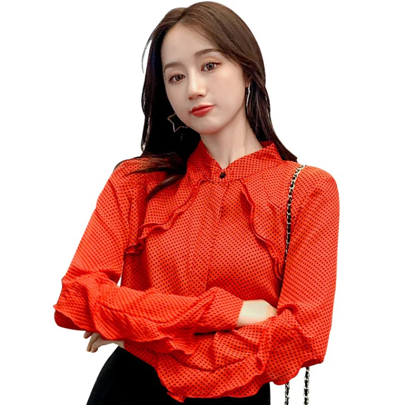 

Spring Autumn Women's Blouse Korean Polka Dot Collar Ruffled Long Sleeve Blouse Tops New Commuter Loose Casual Shirts GX675