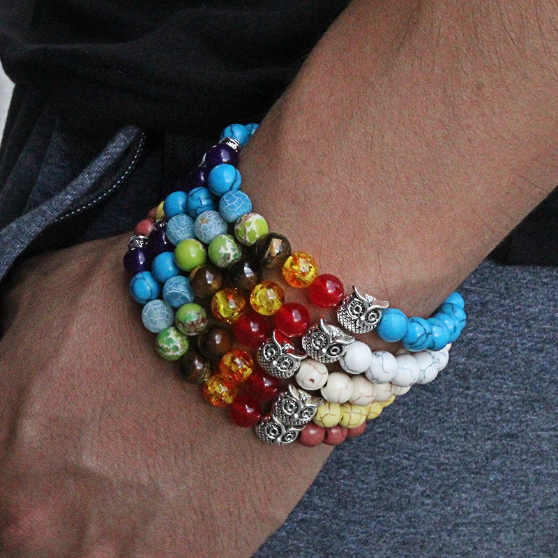 Браслет с натуральным камнем бирюзовый белый черный матовый чакра Сова слон