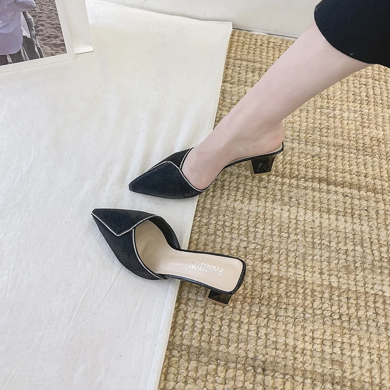 

Pointed Toe Mules For Women 2021 Slippers Soft Med Slides Female Shoes Fashion Loafers Comfort Summer New Cover Luxury Heels Rom