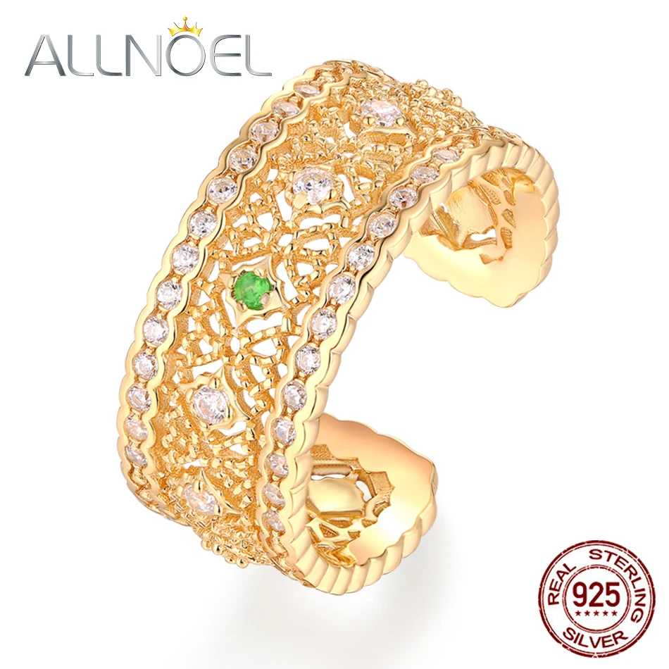 ALLNOEL, настоящее 925 пробы, серебряное кольцо для женщин, цаворит, белый циркон, Ретро стиль, для свадьбы, помолвки, хорошее ювелирное изделие, открытое
