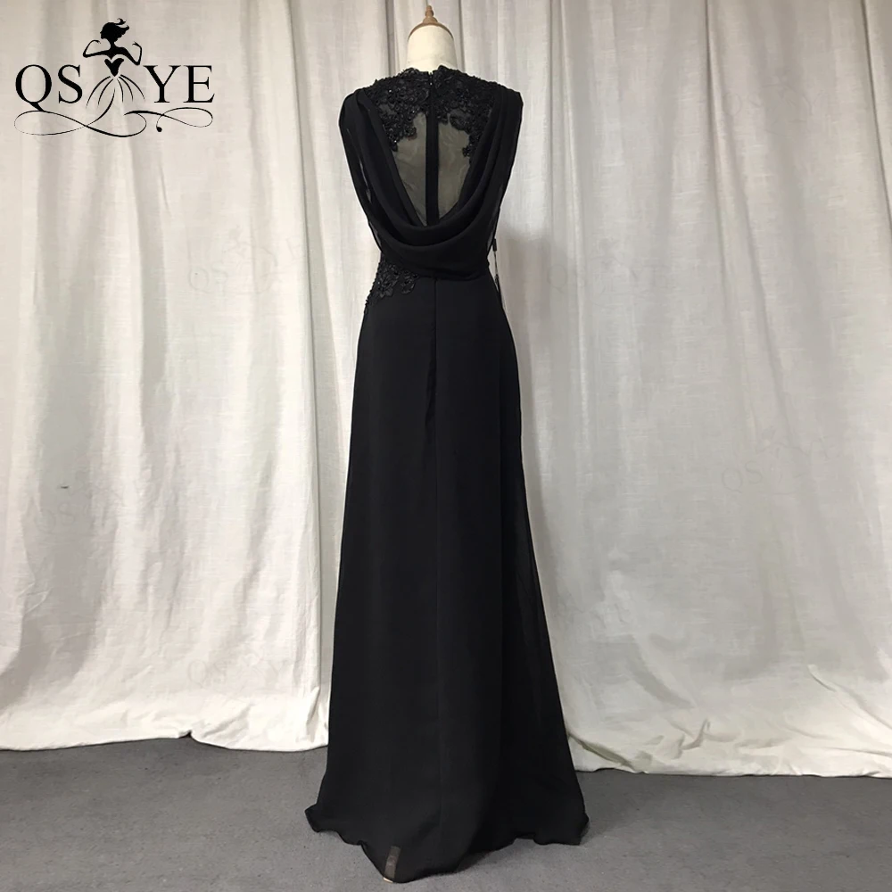 

QSYYE Black Chiffon Evening Dress Long Sheath Evening Gown Shawl Appliques Lace Party Dress Ruched Formal Dress Illusion Back