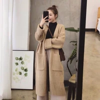 lazy wind loose mid length sweater female long sleeved v neck pocket solid color knitted cardigan sweater women spring autumn