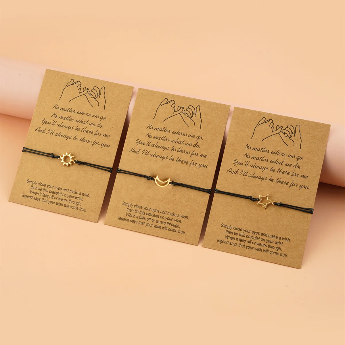 

Gold star Sun Moon Friendship Lover Couple Friend Family Wish You Me Promise Card With 3 Adjustable Bracelet Gift Present