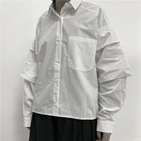 new autumn ladies square collar solid dark thread false two sleeve design sense jacket pocket long sleeve shirt