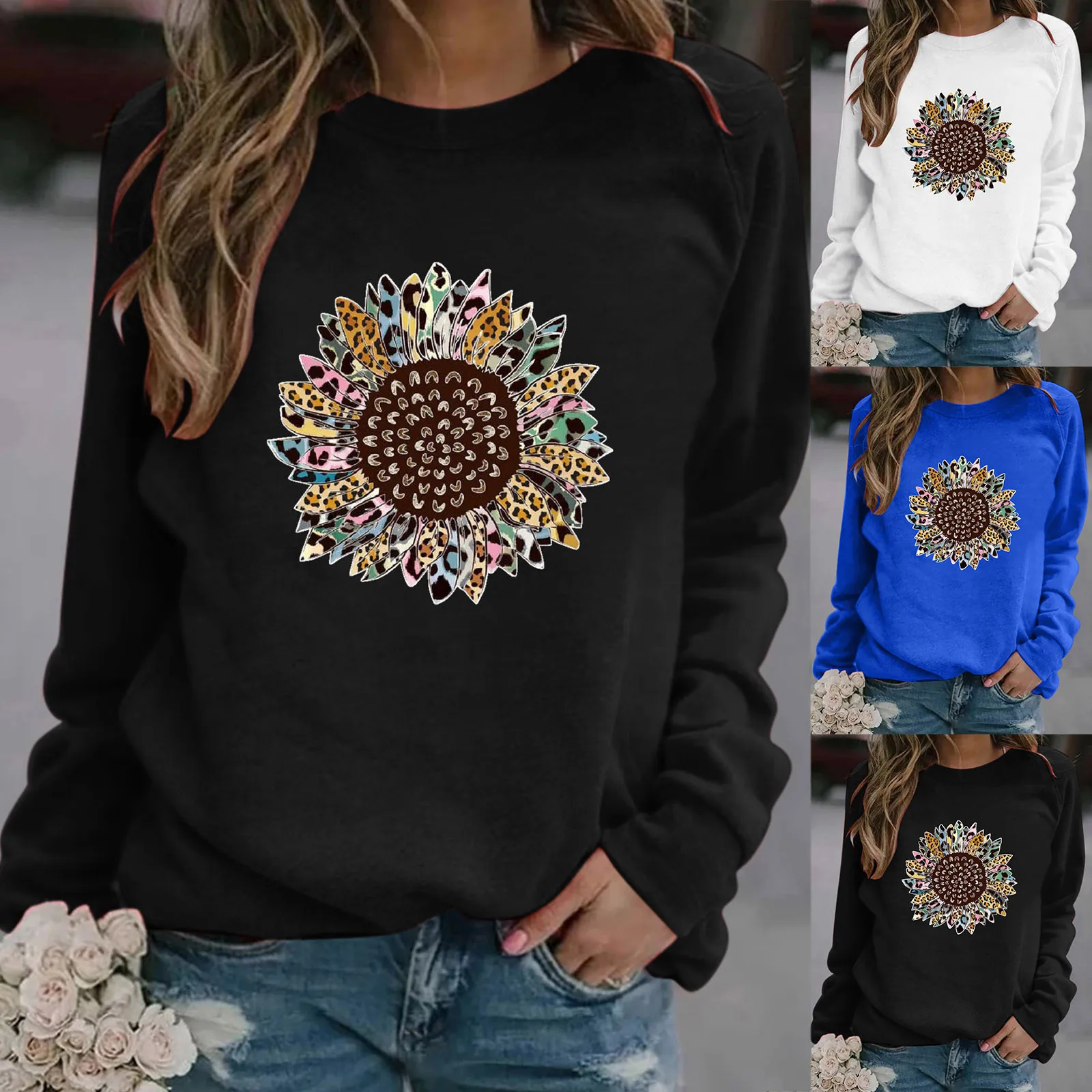 

Women's colorful Floral Print Pullover Patchwork Long Sleeved Women's Print Long-sleeved Sweatshirt Casual Blouse Pullover#Q