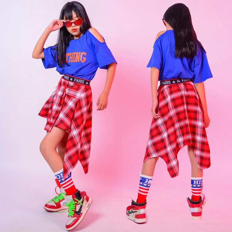 Костюмы для джазовых танцев девочек топ с открытыми плечами клетчатая юбка