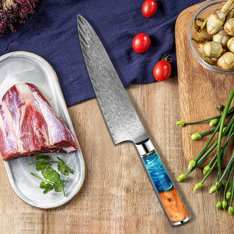 Набор кухонных ножей острый нож шеф повара из дамасской стали с синей смолой и